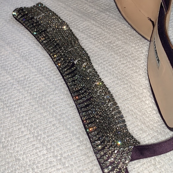 Manolo Blahnik Purple Satin Pointy Toe Heels with Rhinestone Ankle Strap, 37.5 - Picture 12 of 13